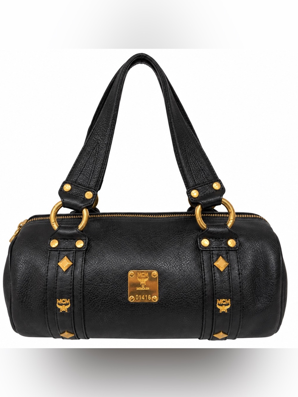 MCM Black Leather Boston Satchel Bag Gold Studs Logo Charms Red Lining